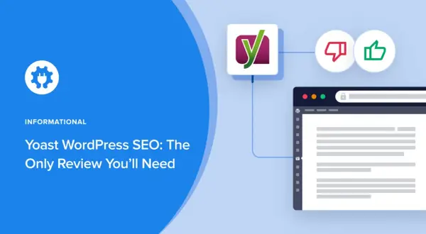 El logo de Yoast SEO aparece junto a iconos de pulgar arriba/abajo y una ventana de navegador, indicando su función para optimizar contenido.
