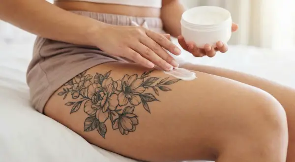 Creme wird auf ein blumiges Tattoo aufgetragen. Die **Folie nach Tattoo**-Pflege ist wichtig für die Heilung.