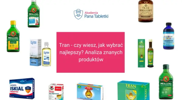 Różne produkty z kategorii tran: butelki, kapsułki i syropy. Analiza znanych marek.