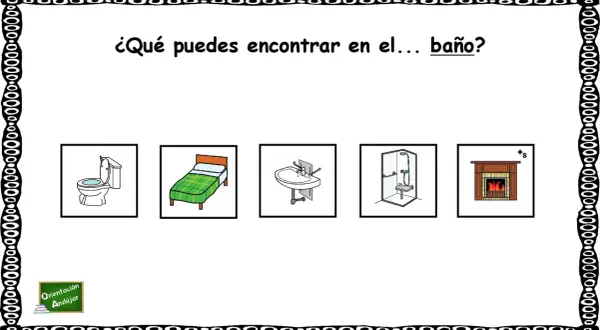 Actividades para trabajar las partes de la casa: imágenes de un inodoro, cama, lavabo, ducha y chimenea.