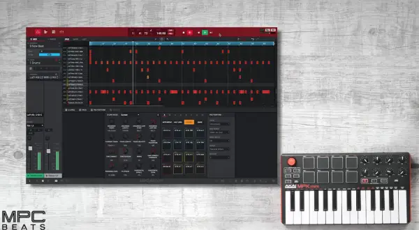 AKAI MPK mini controller and MPC Beats software on a wooden surface, ready for creating mpc beats.