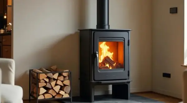 Un poêle à bois moderne avec des flammes vives, prêt pour une performance chaleureuse. Du bois est empilé à côté, promettant des soirées douillettes.