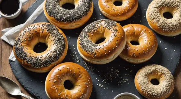 Plusieurs bagels dorés, certains parsemés de graines de sésame noires et blanches, prêts pour la cuisson.