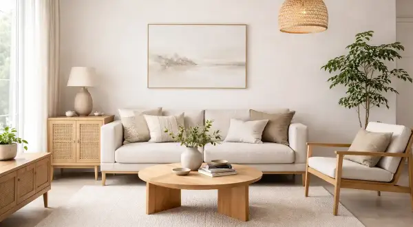 Salón con sofá blanco, mesa de centro de madera y sillón, todo en una serena **decoración Japandi**.