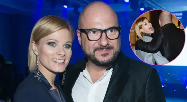 Piotr Gąsowski z partnerką, uśmiechnięci i blisko siebie. W kółku widać ich w bardziej intymnej chwili.