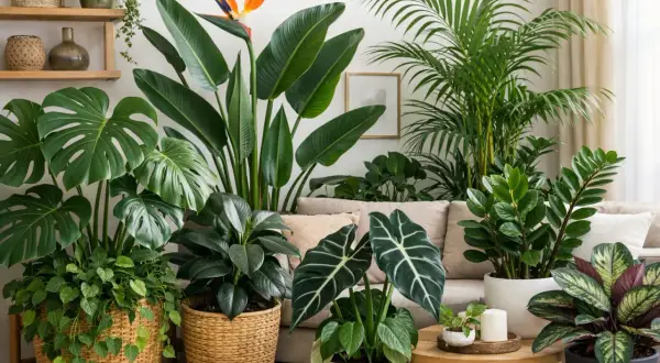 Un angolo verde con piante tropicali: Monstera, Strelitzia, Palma e altre, un vero giardino indoor.