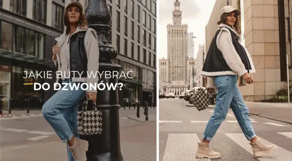 Kobieta w dzwonach i beżowych traperach. Dowiedz się, jakie buty do dzwonów wybrać, by stworzyć stylowy miejski look.