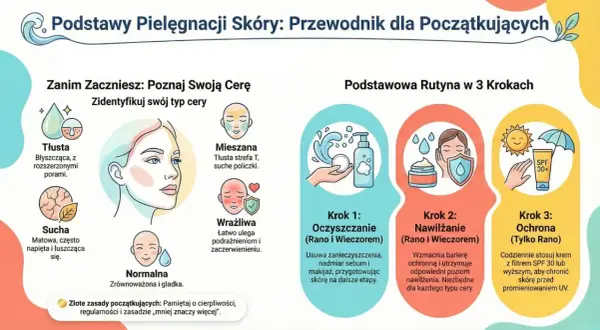 Ilustracja przedstawia typy cery i podstawową rutynę pielęgnacyjną. Widać różne rodzaje twarzy, od tłustej po wrażliwą, oraz kroki: oczyszczanie, nawilżanie i ochrona.