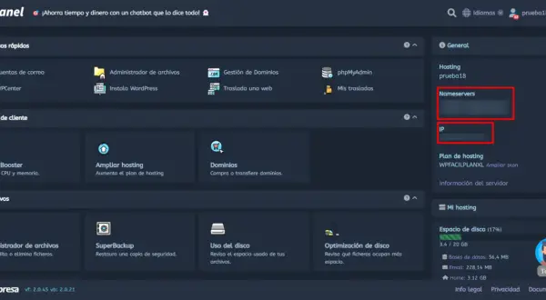Panel de control web con opciones de hosting, dominios y archivos. Muestra la sección "Nameservers" y "IP" para configurar tu hosting.