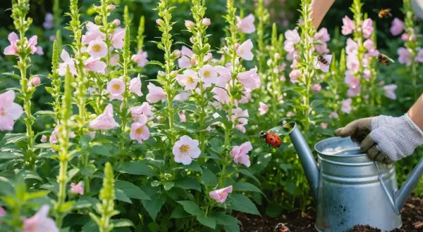 Un jardinier arrose des fleurs de hibiscus syriacus roses, tandis que des coccinelles et des abeilles butinent.