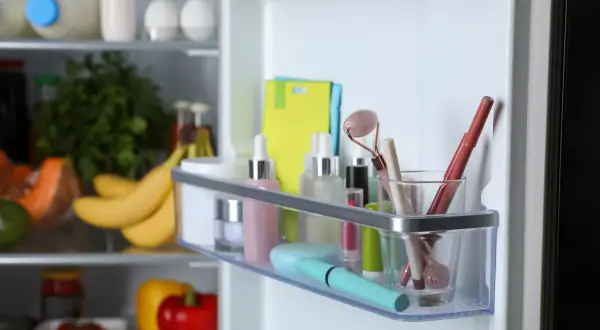 Chłodne kosmetyki, w tym różany roller i pomadki, stoją obok produktów spożywczych. Czuć orzeźwiający zapach mentolu.