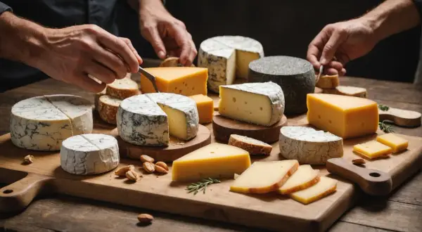 Plateau de fromages variés, dont un fromage de l'abbaye de Cîteaux, prêt à être dégusté avec du pain et des amandes.