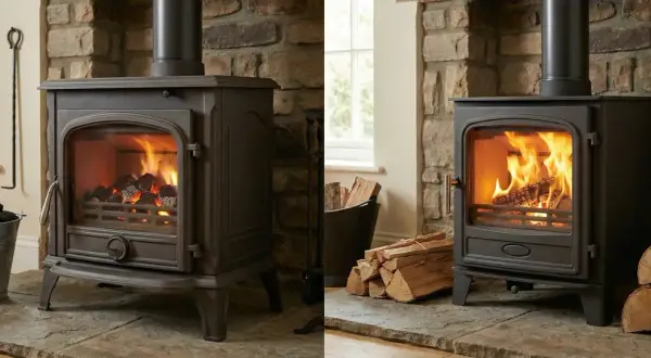 Zwei Gusseisenöfen, einer mit Kohle, der andere mit Holz befeuert. Ein Zeitbrandofen sorgt für wohlige Wärme.