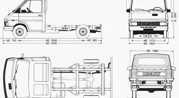 Rysunek techniczny Renault Trafic 3 z widokami z boku, przodu, tyłu i z góry, z wymiarami.