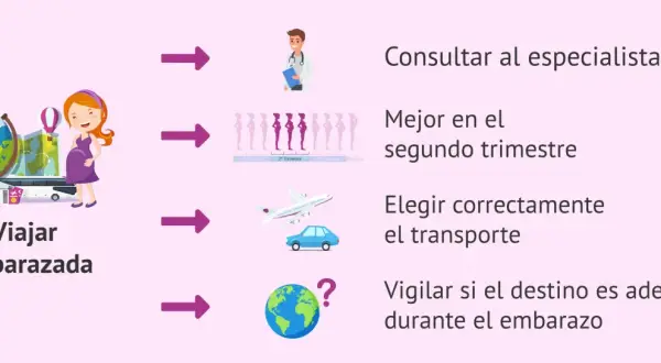 Consejos para viajar embarazada: consulta al especialista, elige el segundo trimestre, selecciona el transporte adecuado y vigila el destino.