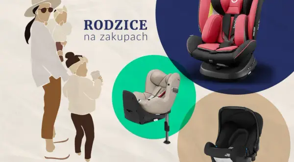 Rodzice na zakupach wybierają bezpieczny fotel dla dziecka. Różne modele fotelików samochodowych.