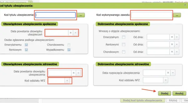 Formularz do wpisania kodu tytułu ubezpieczenia, dat i rodzajów ubezpieczeń. ZUS ZUA to formularz zgłoszeniowy.