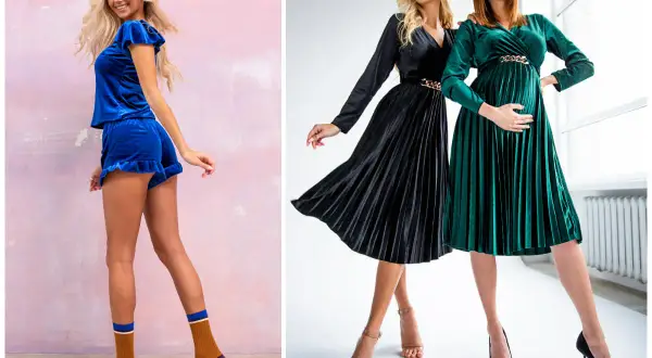 Eleganckie stylizacje na sylwestra w domu: aksamitny granatowy komplet, czarna i zielona sukienka.