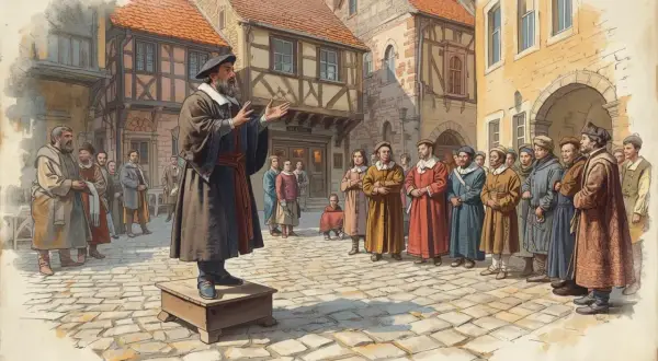 Mężczyzna w stroju z epoki przemawia do zgromadzonego tłumu na brukowanym placu. To scena jak z podręcznika historii, gdzie sztuka po łacinie mogła być częścią nauczania.