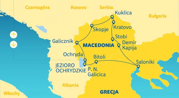 Mapa turystyczna Macedonii z zaznaczonymi miastami: Skopje, Ochryda, Bitola, Saloniki. Podróż przez region Macedonii.