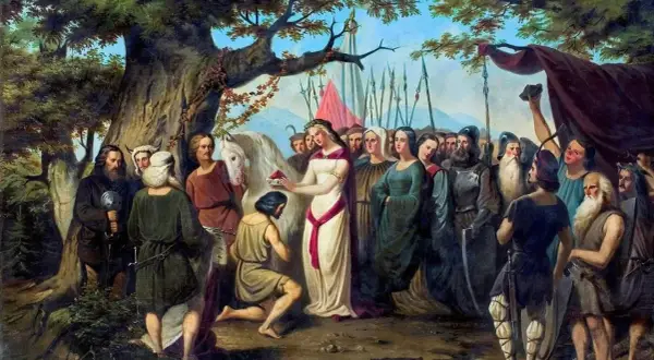 Kobieta w bieli klęka przed mężczyzną, symbolizując chrzest polski, data 966.