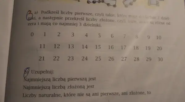 Tabela z liczbami od 0 do 30, z zaznaczonymi niektórymi liczbami.
