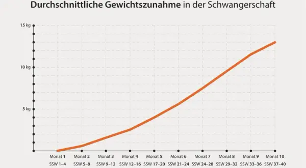 Grafik zeigt die durchschnittliche Gewichtszunahme in der Schwangerschaft. Die Zunahme steigt von ca. 1 kg in Monat 1 auf fast 14 kg in Monat 10.