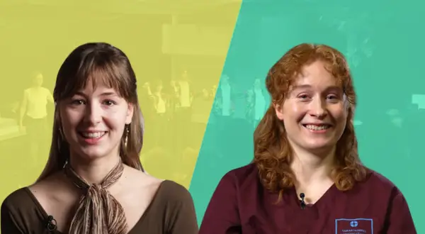 Zwei Frauen lächeln in die Kamera. Links Marie-Luisa Kunst vor einer Bühne, rechts eine Ärztin im OP-Kittel.