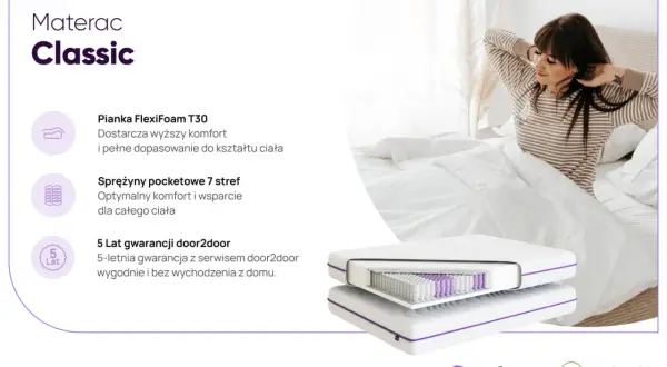 Materac Classic z pianką FlexiFoam i sprężynami pocketowymi 7 stref. Kobieta budzi się wypoczęta.