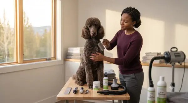 Une femme brosse un caniche brun sur une table, entourée d'accessoires de toilettage pour chien, dont un sèche-cheveux et des produits pour les oreilles.