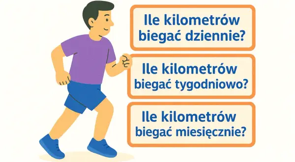 Ilustracja mężczyzny biegającego obok pytań o dystans dzienny, tygodniowy i miesięczny.