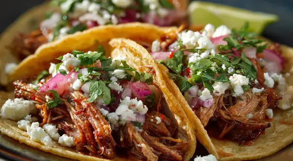 Tre saftiga carnitas-tacos med smulad ost, hackad lök och koriander. Perfekt för ett snabbt och gott carnitas recept.
