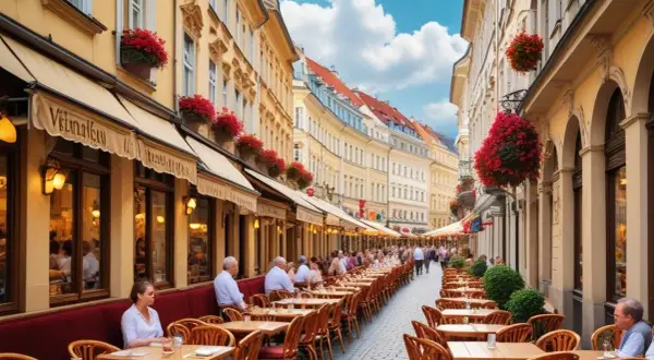 En livlig gata i Wien med många uteserveringar, perfekt för att njuta av vällagad vienna food under en solig dag.