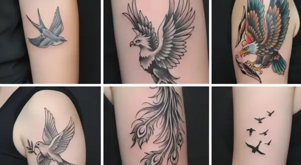 Tatuajes de aves: golondrina, fénix, águila, paloma, plumas y bandada. Cada uno representa diferentes tatuaje emociones.