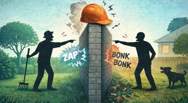 Due sagome puntano il dito contro un muro di confine tra due proprietà, con un casco arancione in cima. Suoni di "ZAP" e "BONK" indicano un conflitto.