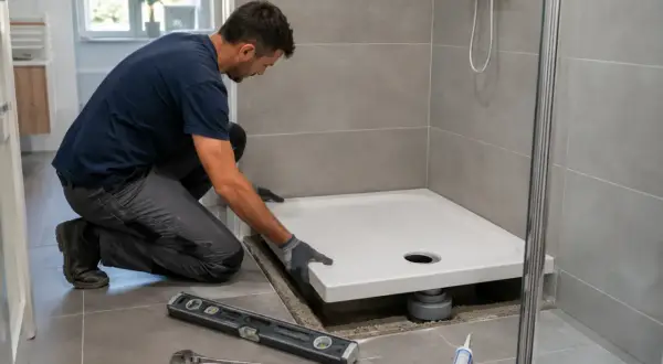 Instalator montuje brodzik prysznicowy, używając silikonu i narzędzi. Kluczowe jest, czym przykleić brodzik do płytek, by zapewnić szczelność.