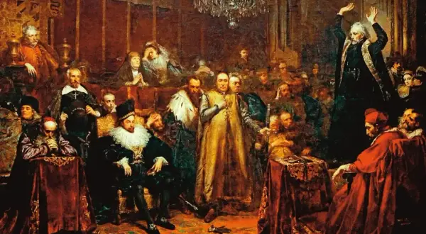 Kazania sejmowe streszczenie: Piotr Skarga przemawia do szlachty w sali sejmowej, wygłaszając płomienne kazanie.