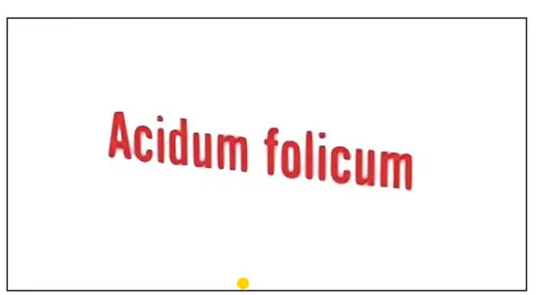 Napis "Acidum folicum" w kolorze czerwonym, lekko pochylony.
