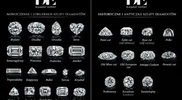 Różne szlify diamentów: brylant, owalny, gruszka, serce, szmaragdowy, princessa, poduszka, Asscher, point cut, table cut, rose cut, polki, Old Mine cut, Old European cut, Antique Cushion, Peruzzi cut, trapezoidalny, księżycowy, bullet, tarcza, kryształ...