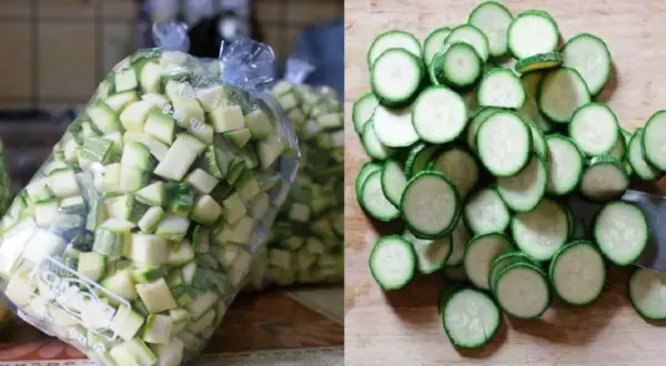 Zucchine tagliate a cubetti in sacchetti e a rondelle su un tagliere. Scopri quanto durano le zucchine cotte in frigo per conservarle al meglio.