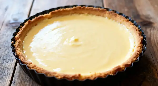 Un flan pâtissier grand-mère tout juste sorti du four, sa crème onctueuse et sa pâte dorée sur fond de bois rustique.