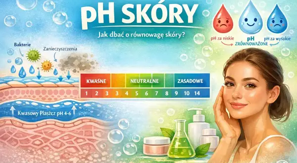 Ilustracja pokazuje, jak dbać o równowagę skóry, prezentując skalę pH i wpływ bakterii oraz zanieczyszczeń na jej kondycję.