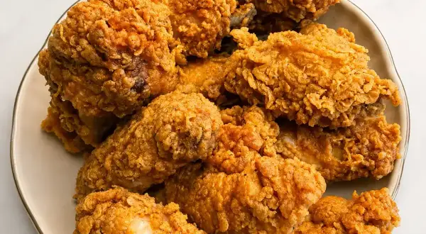 Talerz pełen chrupiących, złocistych kawałków kurczaka, jak z KFC. Idealne na rodzinny obiad.