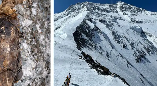 Mallory Everest: Ein Bergsteiger-Stiefel auf Eis, daneben eine Gruppe von Bergsteigern, die einen schneebedeckten Hang erklimmen.