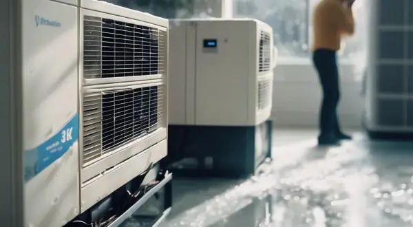 Fuite de gaz de clim. Un homme se tient près d'appareils de climatisation, le sol est mouillé.