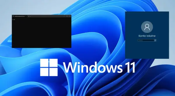 Ekran logowania Windows 11 z kontem lokalnym i otwartym wierszem poleceń, wskazujący na instalację Windows 11 bez internetu.