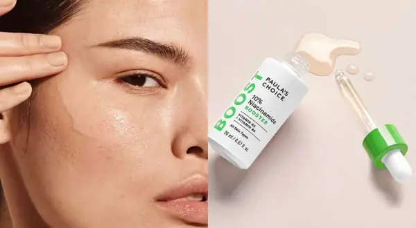 Twarz kobiety i buteleczka serum Paula's Choice z pipetką.