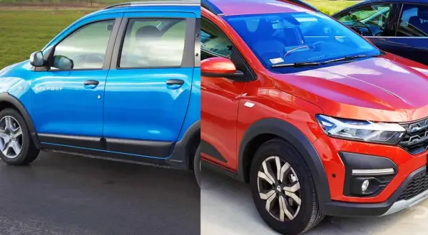 Dwa samochody Dacia, niebieski i czerwony, gotowe na rodzinne wycieczki. Dacia 7 osobowa to idealny wybór dla dużej rodziny.