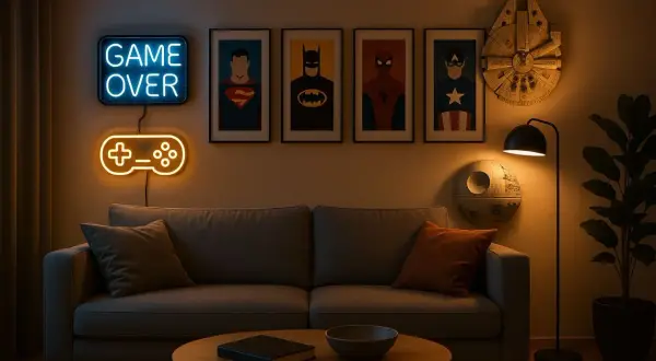 Salon gaming avec néons "GAME OVER" et manette, affiches de super-héros et objets Star Wars. Police d'écriture vintage rétro.