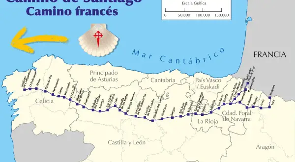 Mapa Camino Francés, szlak św. Jakuba. Pokazuje trasę od Francji do Santiago de Compostela. Skala graficzna pozwala oszacować, szlak św. Jakuba ile km ma do przejścia.